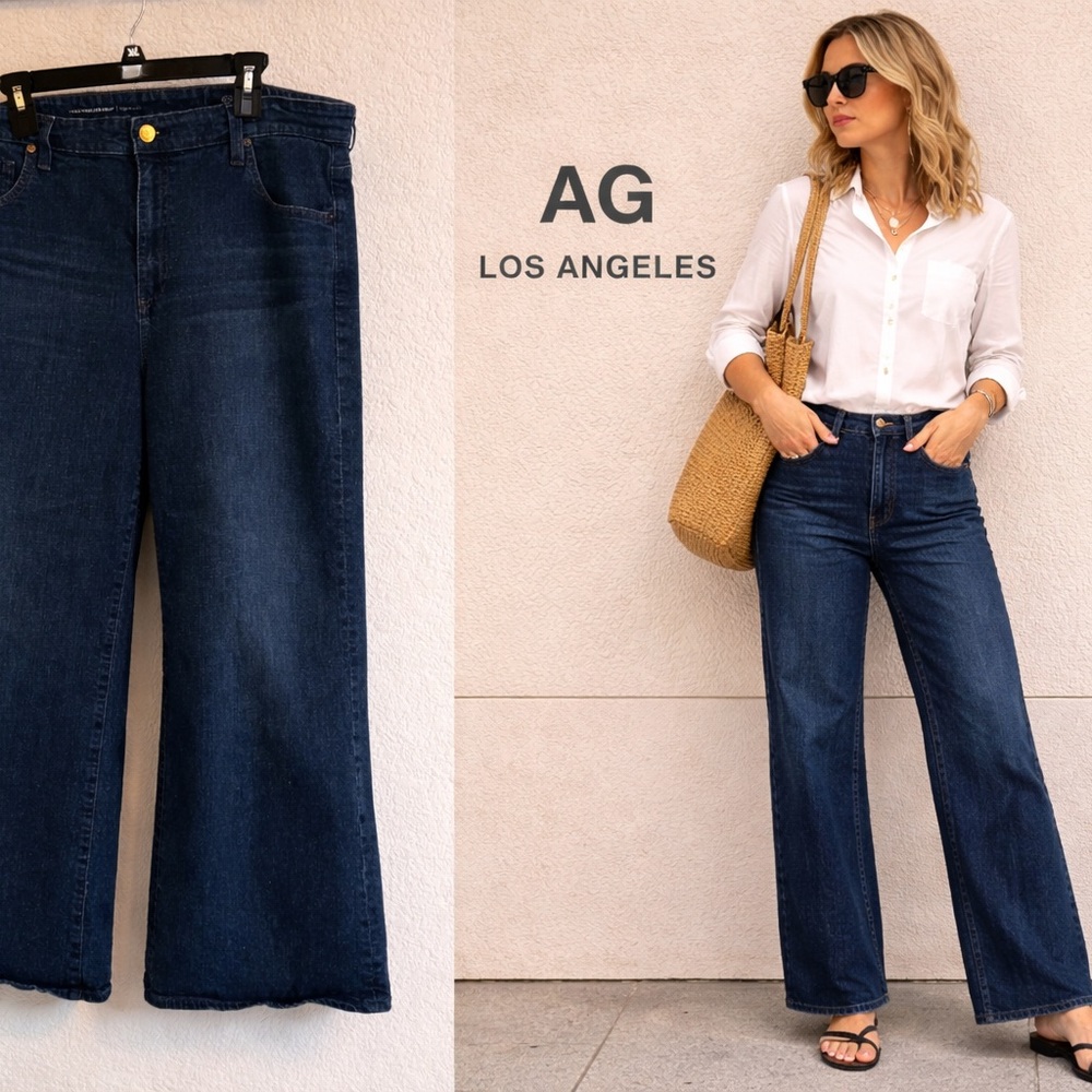AG Adriano Goldschmied Saige Wide Leg Cropped 70’s Dark Blue Flare Jeans size 32